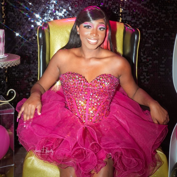 Sherri Hill Hot Pink Strapless Corset Embellished Tulle Formal Dress (Sz 8) - Picture 15 of 16